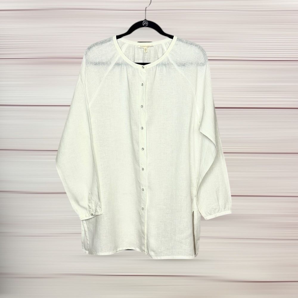 NWT Eileen Fisher Irish Linen Tunic White Button Up Long Sleeve Relaxed M